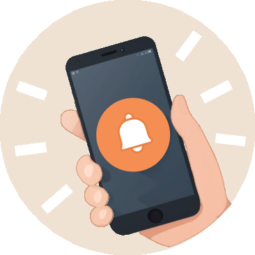 Comic-Hand hält Handy mit einer Alarmglocke als Symbol für Benachrichtigungen