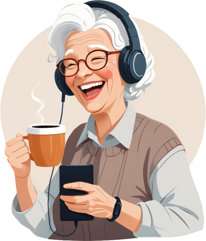 Seniorin mit Kopfhörern und Kaffeetasse, lacht während sie den Podcast hört